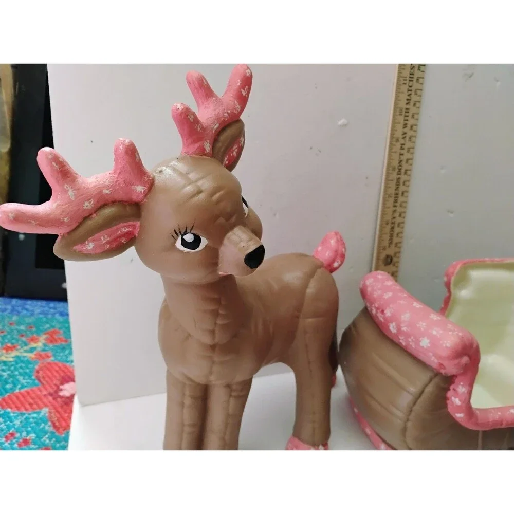 Vintage 1987 Kimple Softy Ceramic Reindeer Sleigh Set 3 Pc Quilted Pink Decor